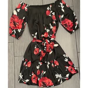 White House Black Market Women’s Dress Black Red Floral Tie Ruffle Silky